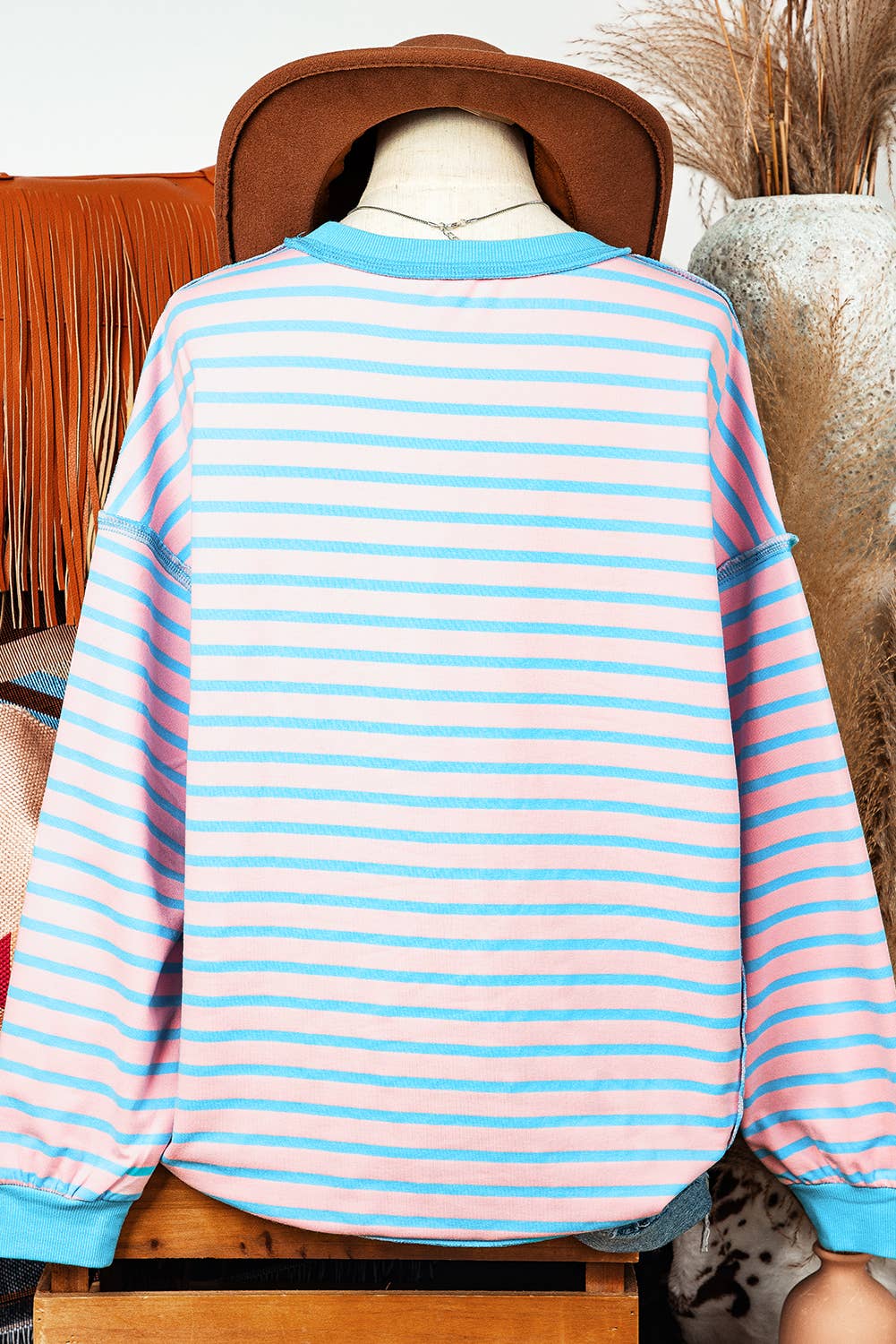 Fashion-W Stripe Trim High Low Pullover Tunic Sweatshirt