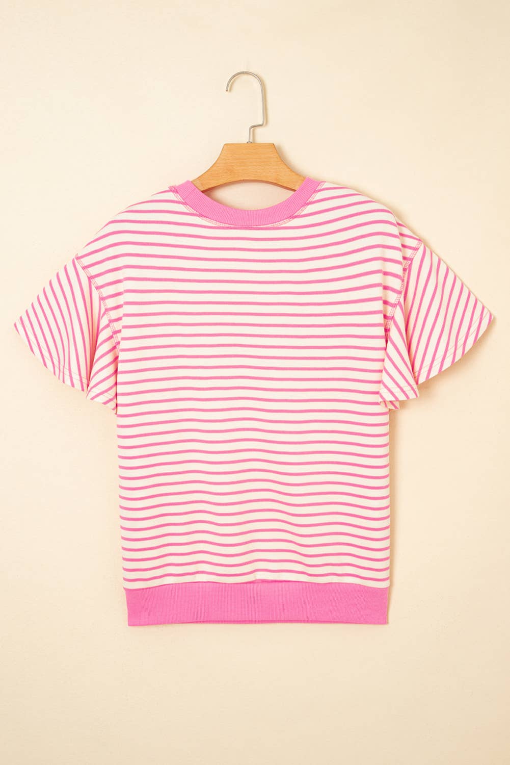 Contrast Detail Striped Ruffle Short Sleeve Top