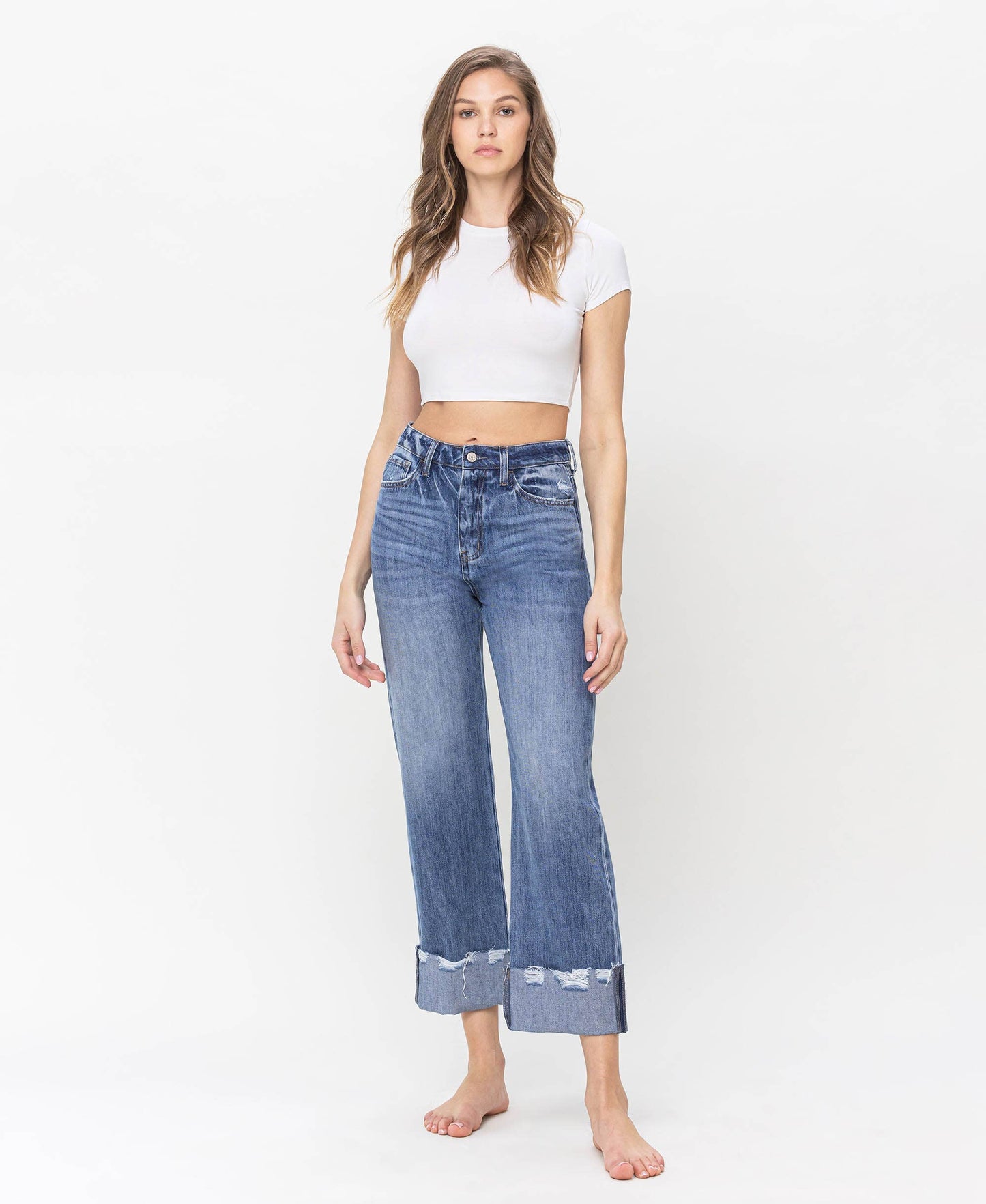 HIGH RISE RIGID DAD JEANS WITH EDGE GRINDING