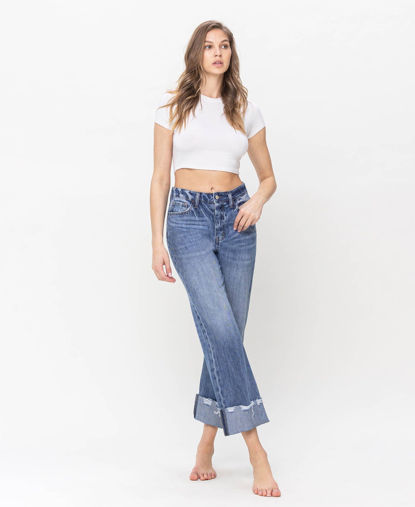 HIGH RISE RIGID DAD JEANS WITH EDGE GRINDING