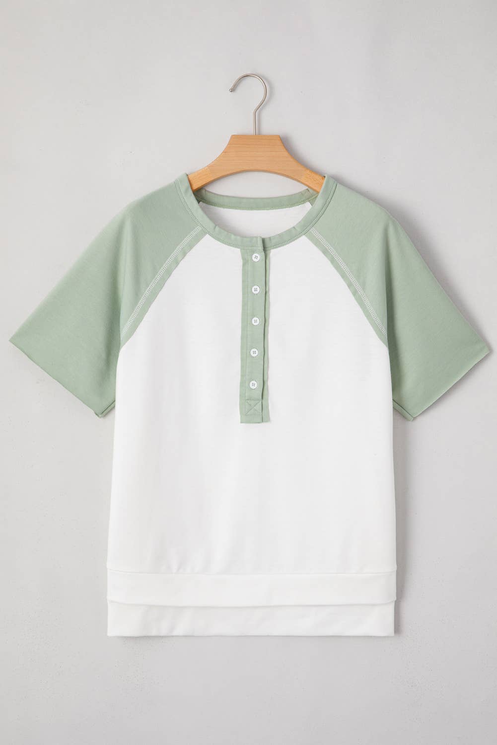 Colorblock Raglan Short Sleeve Half Buttons High Low T Shirt