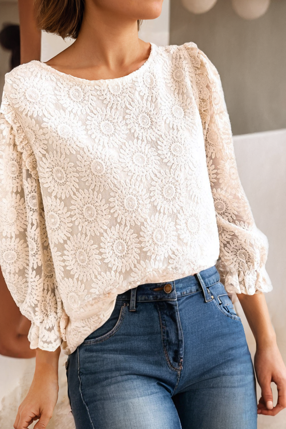 Flower Button Back Blouse: Oatmeal