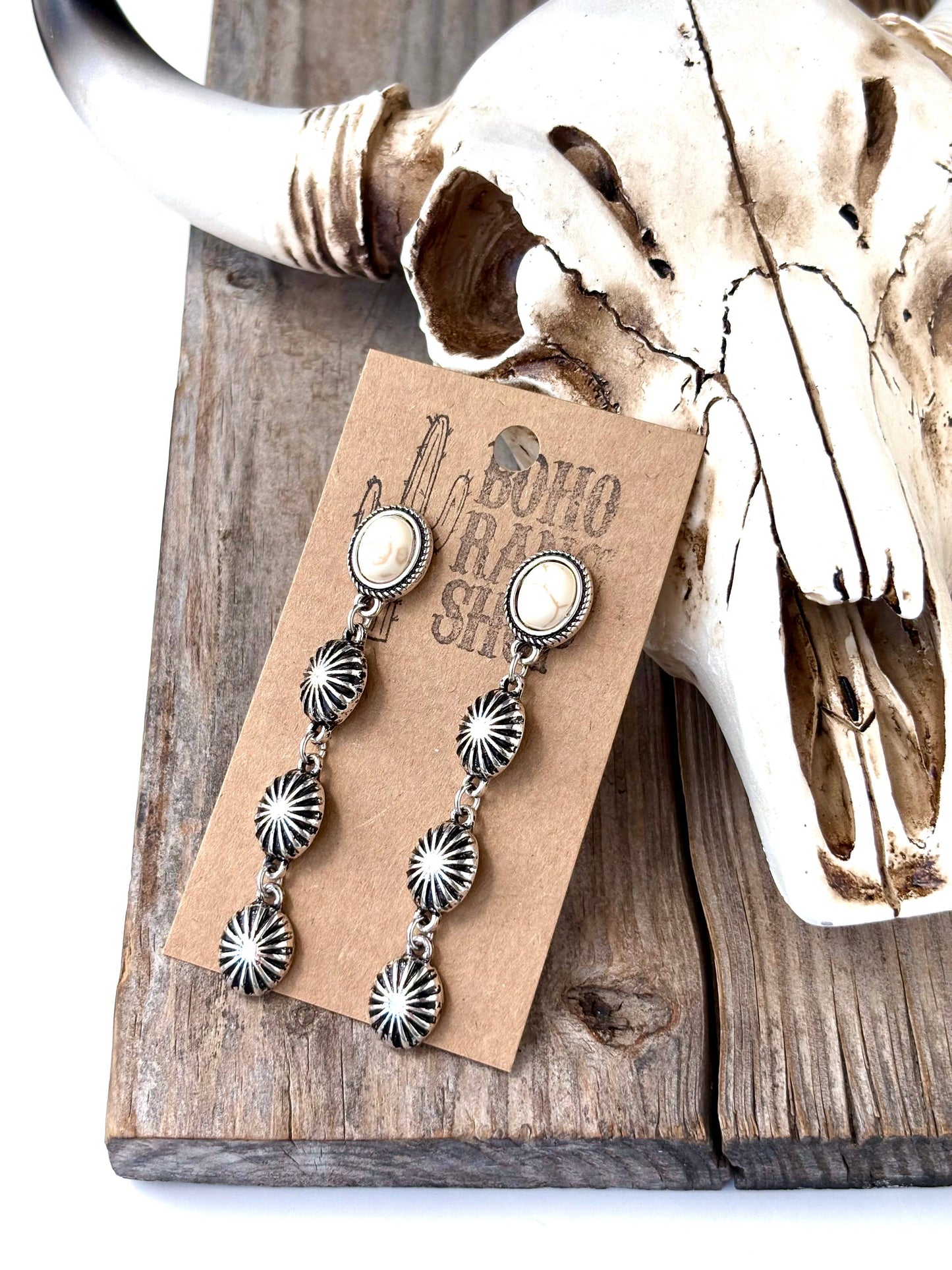 4 Tier Western Concho & Oval Stone Post Drop Earrings