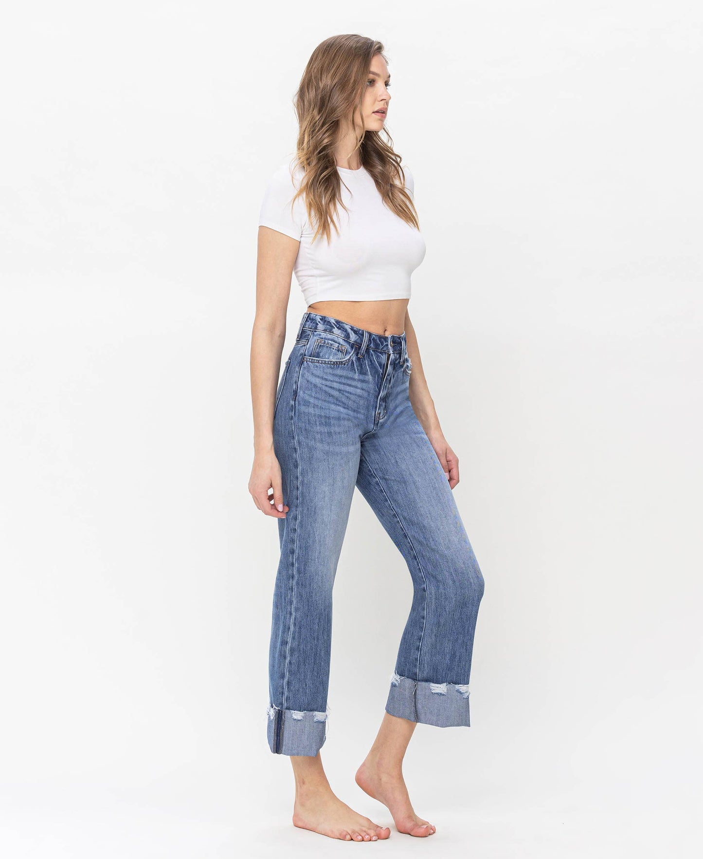 HIGH RISE RIGID DAD JEANS WITH EDGE GRINDING