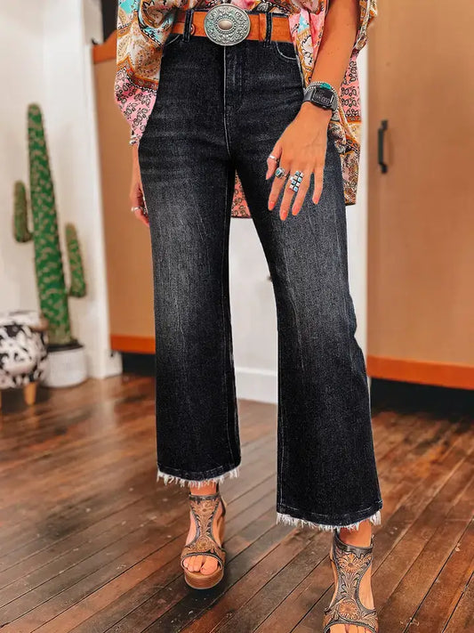 High-Waist Raw Hem Flared Jeans