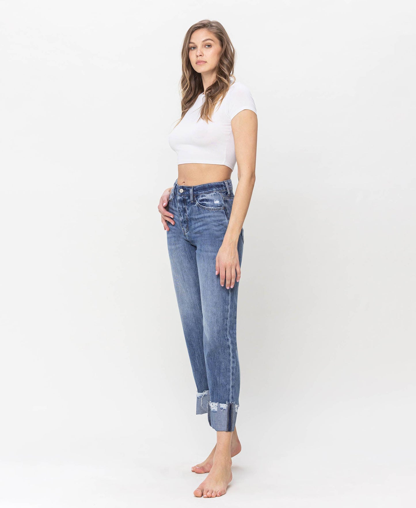 HIGH RISE RIGID DAD JEANS WITH EDGE GRINDING