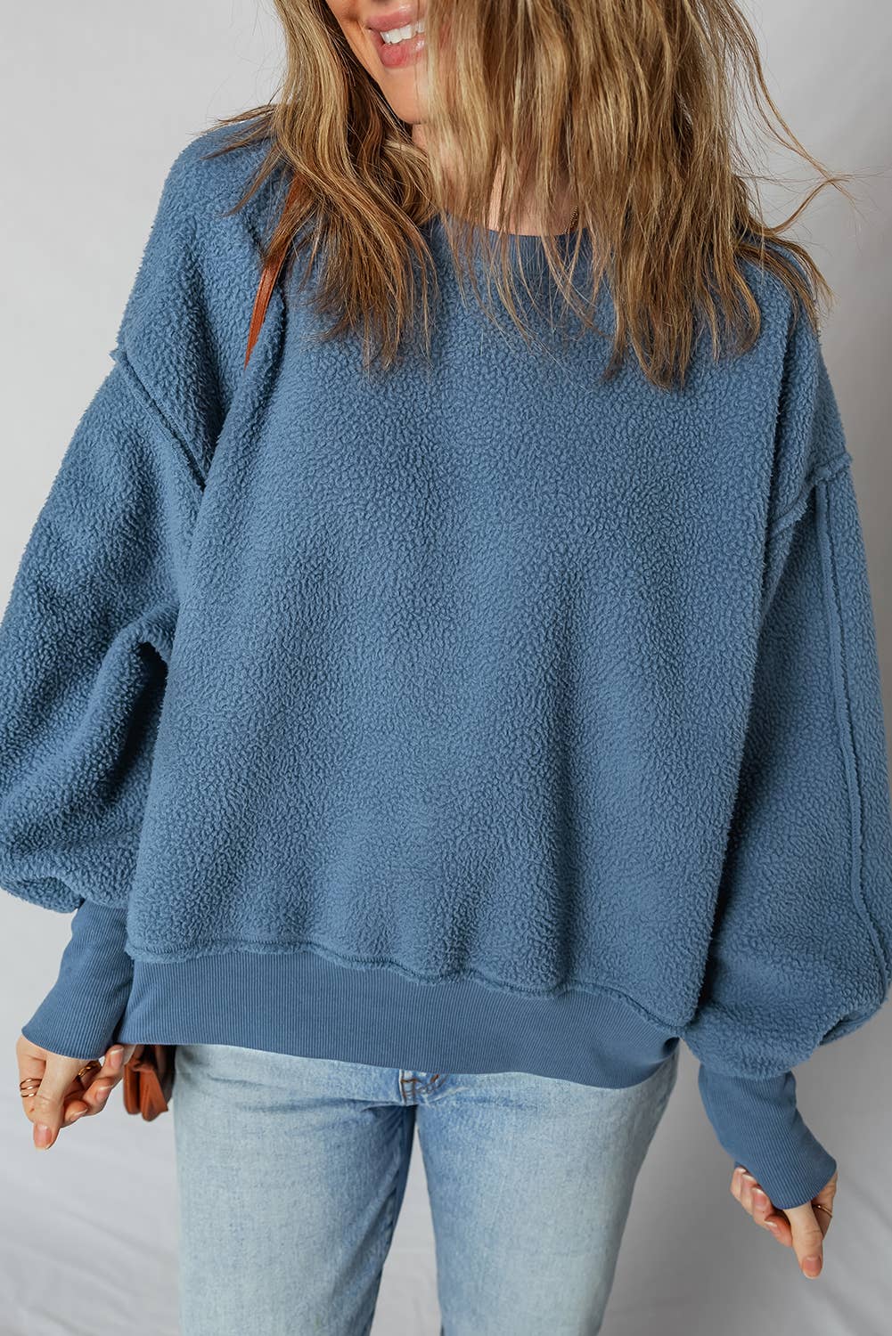LDC Fleece Drop Shoulder Exposed Seam Patchwork Sweatshirt