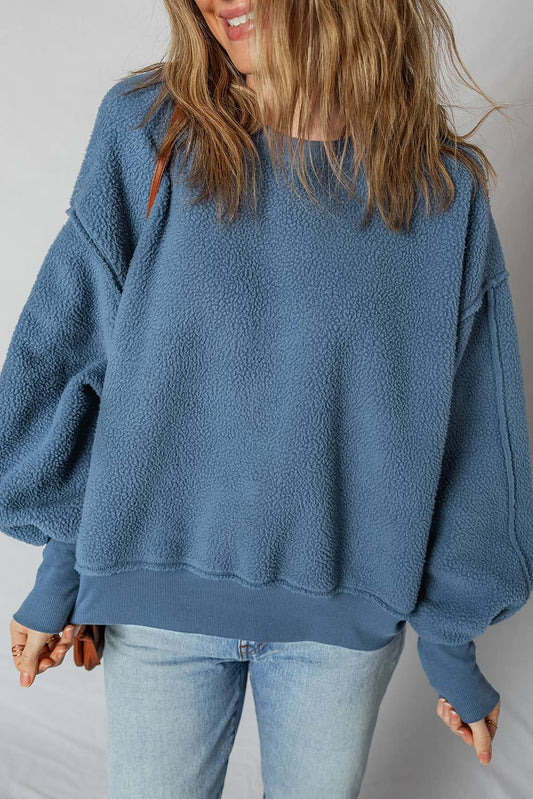 LDC Fleece Drop Shoulder Exposed Seam Patchwork Sweatshirt
