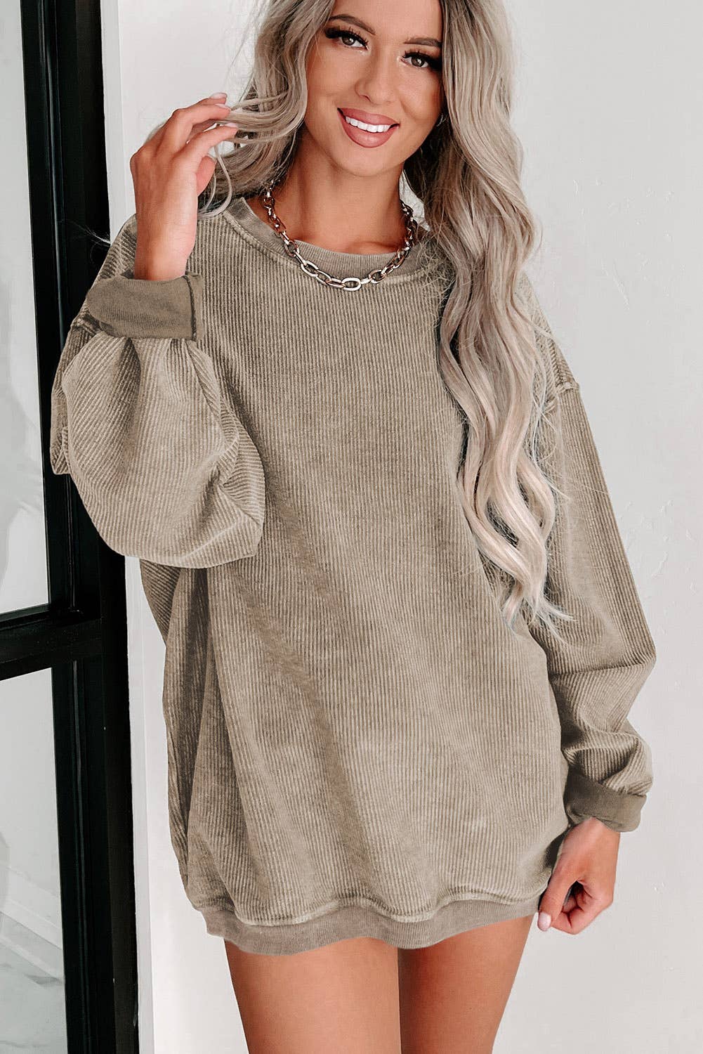 Custom Solid Ribbed Knit Round Neck Pullover Sweatshirt: Khaki