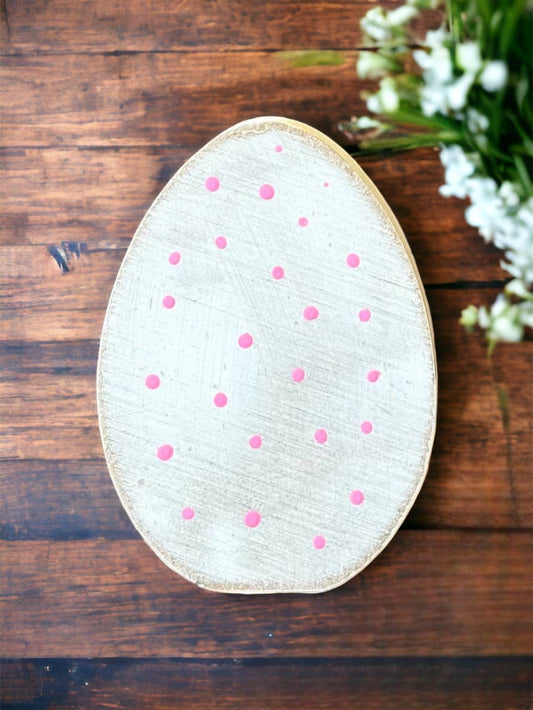 Primitive Rustic Wood Easter Egg Shelf Sitter: Pink Dots on white