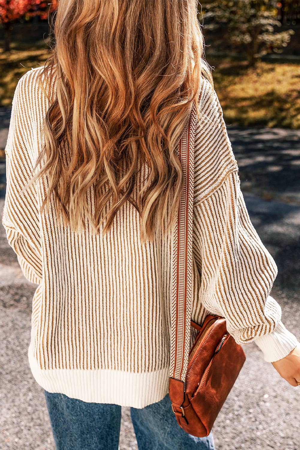 Striped Contrast Trim Sweater: Chestnut