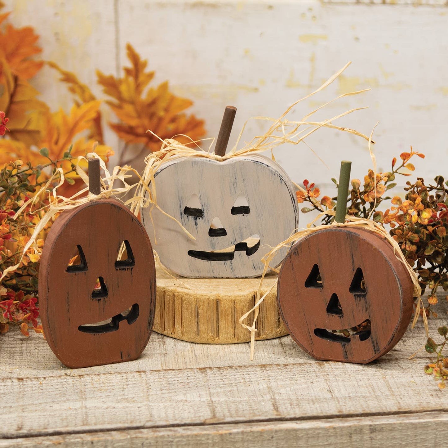 Primitive Distressed Wood Cutout Jack O Lantern Sitter