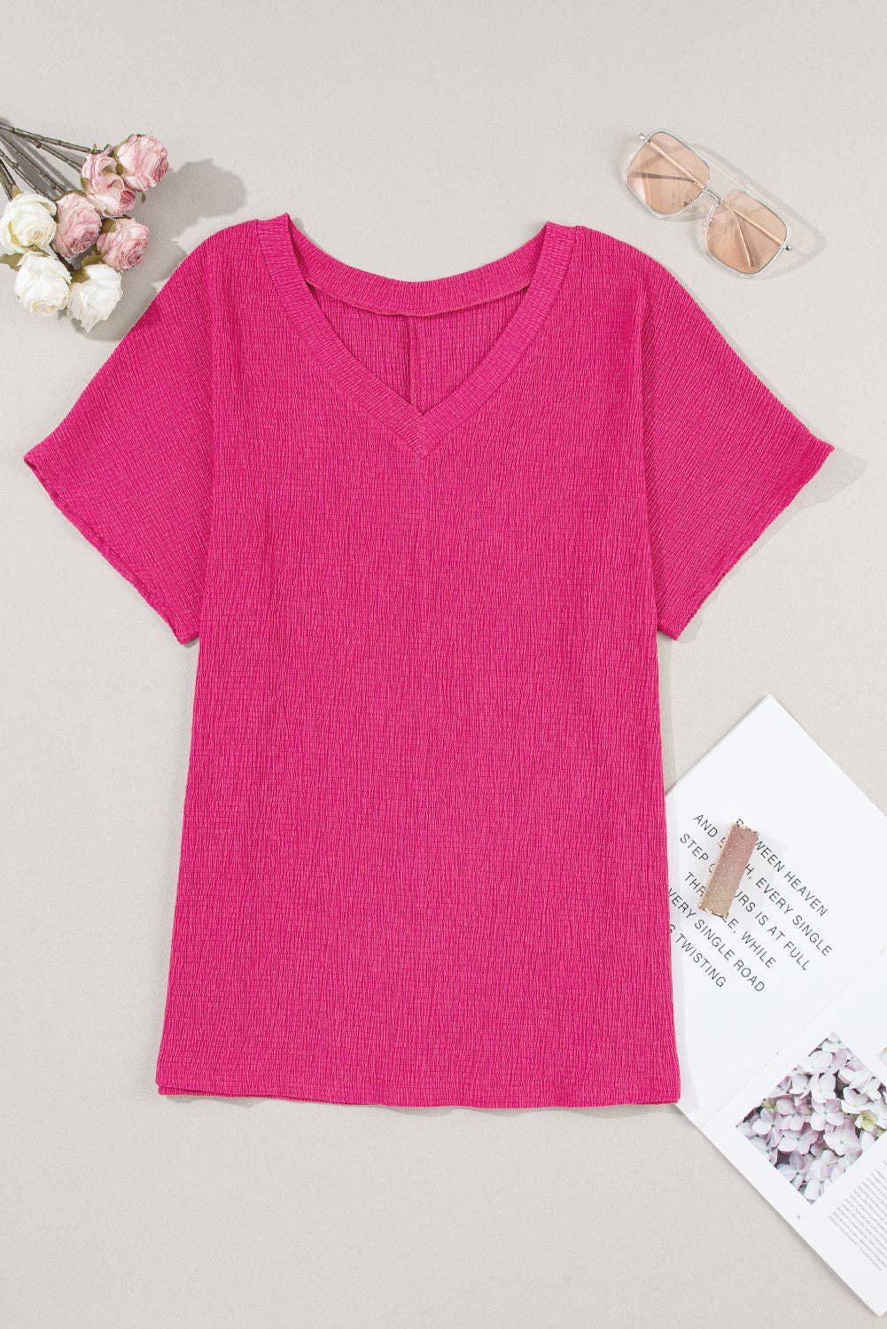 Crinkled V Neck Wide Sleeve T-shirt