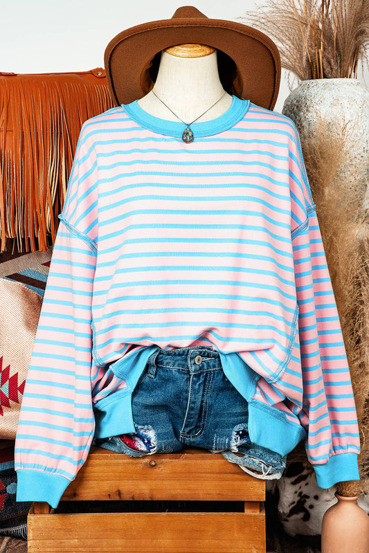 Fashion-W Stripe Trim High Low Pullover Tunic Sweatshirt