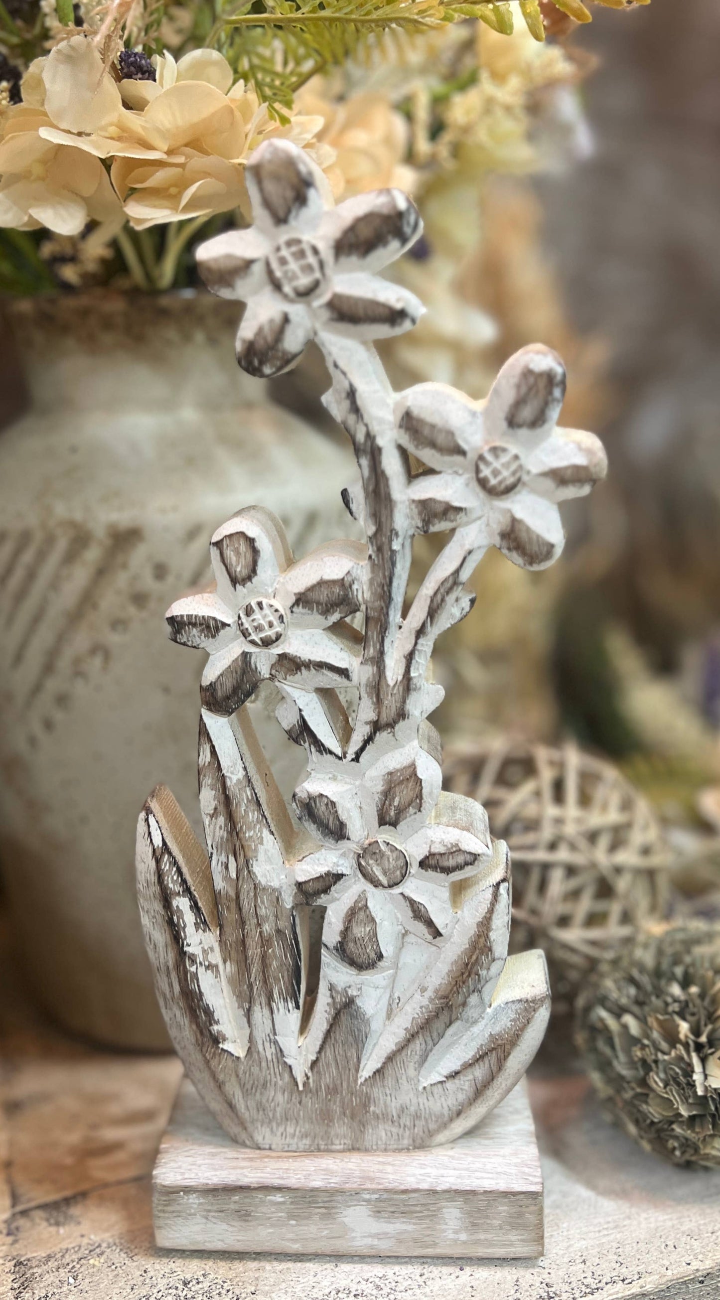 Whitewashed Carved Wooden Flower 5X11in