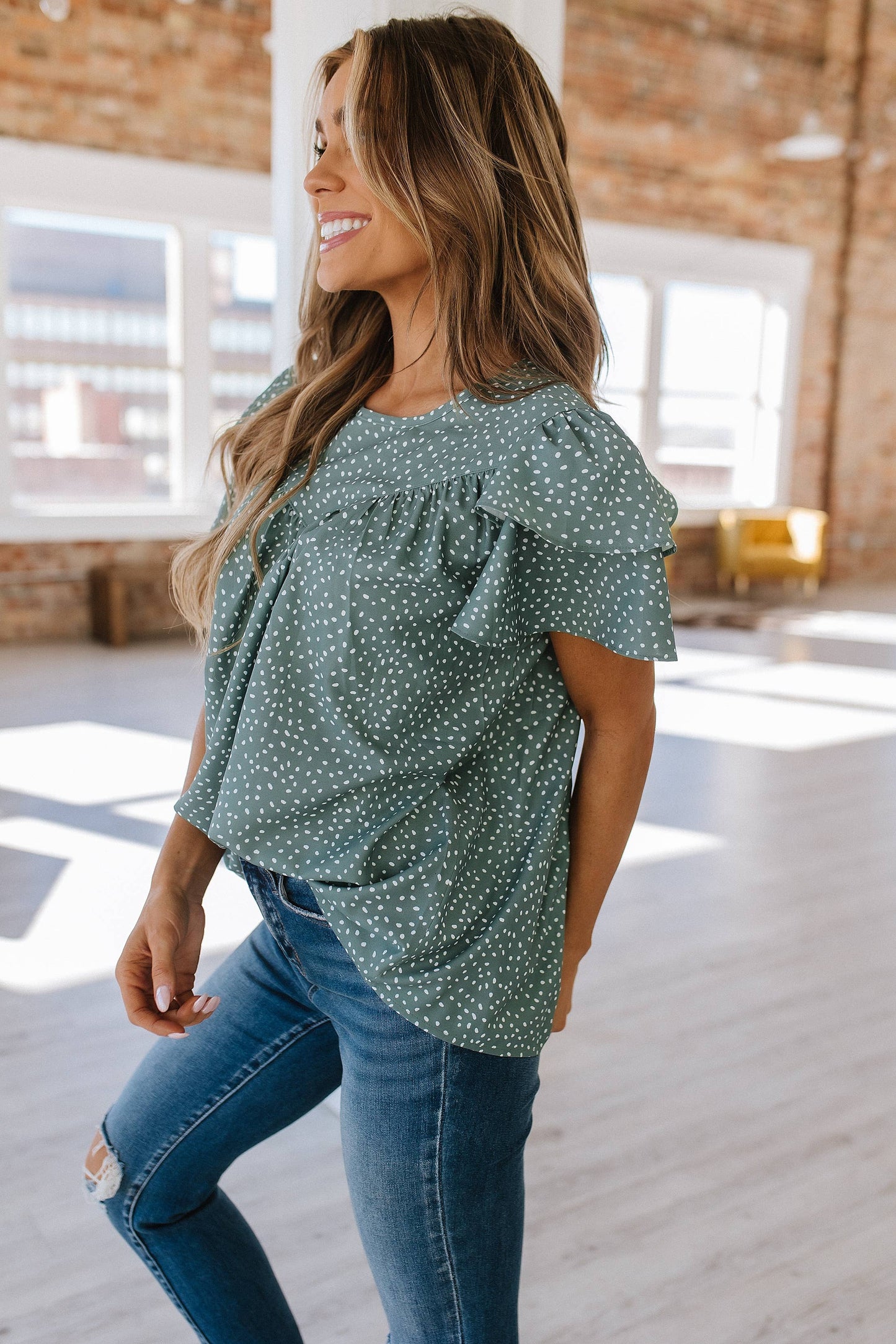 Laurel Pleated Ruffle Blouse: Laurel Green