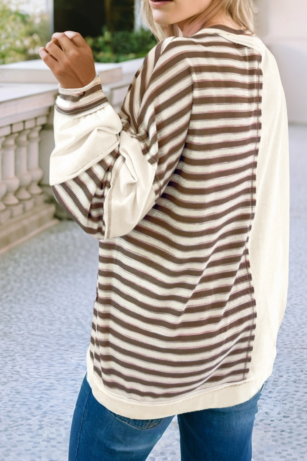 LDC Stripe Stitched Detail Patchwork Oversized Pullover Top
