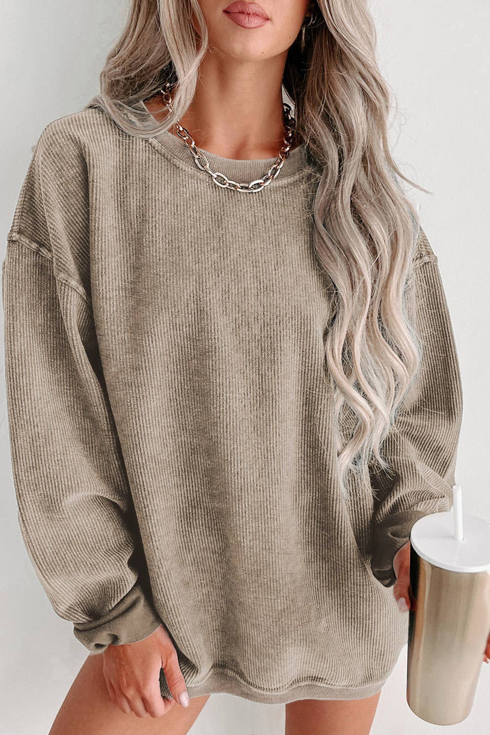 Custom Solid Ribbed Knit Round Neck Pullover Sweatshirt: Khaki