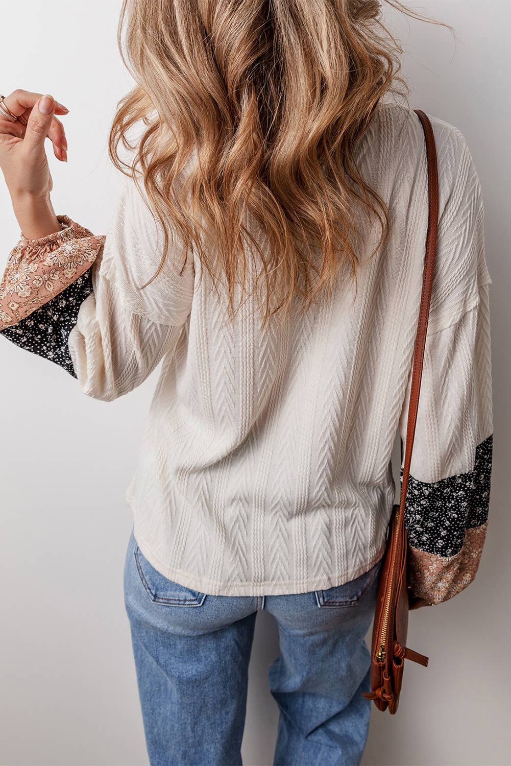 Floral Patchwork Knit Blouse: Beige