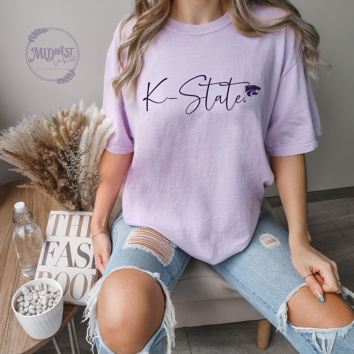 Purple K-State Casual Script Tee on a model.