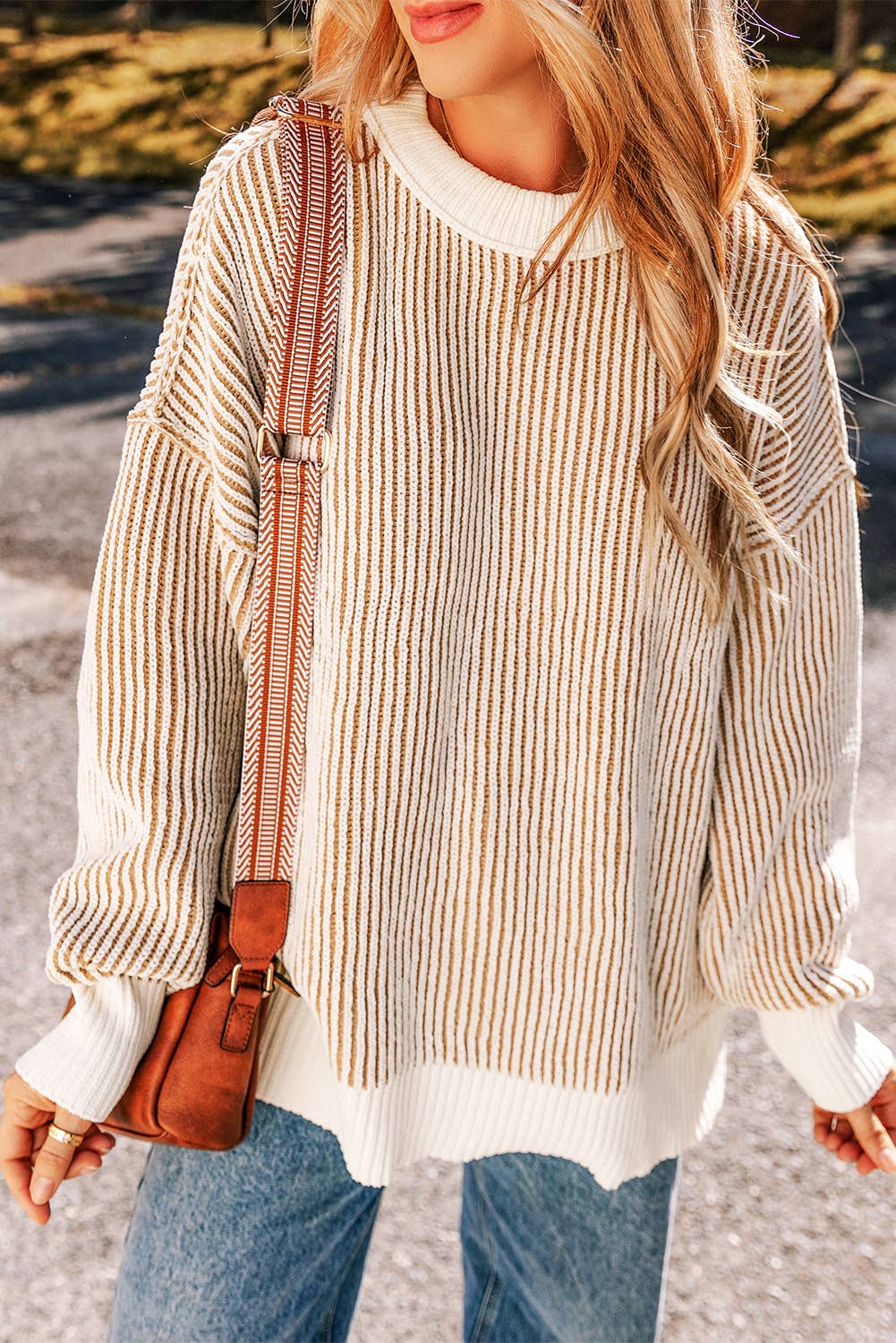 Striped Contrast Trim Sweater: Chestnut