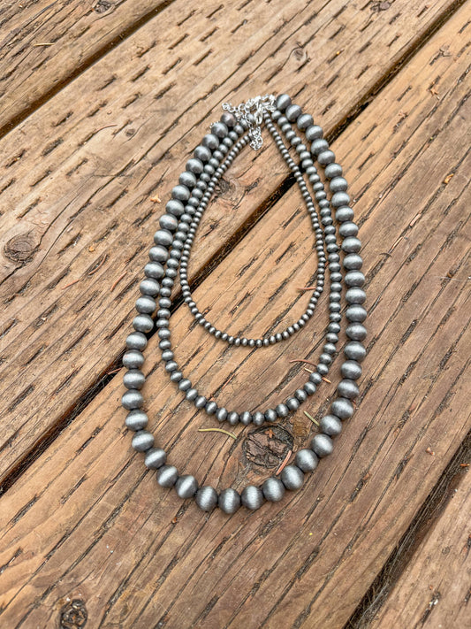 Faux Silver Beaded Navajo Pearl Strand Stackable Necklace