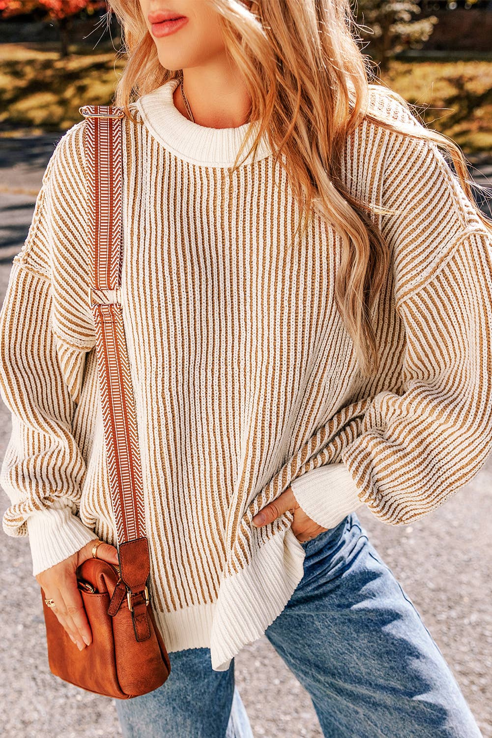 Striped Contrast Trim Sweater: Chestnut