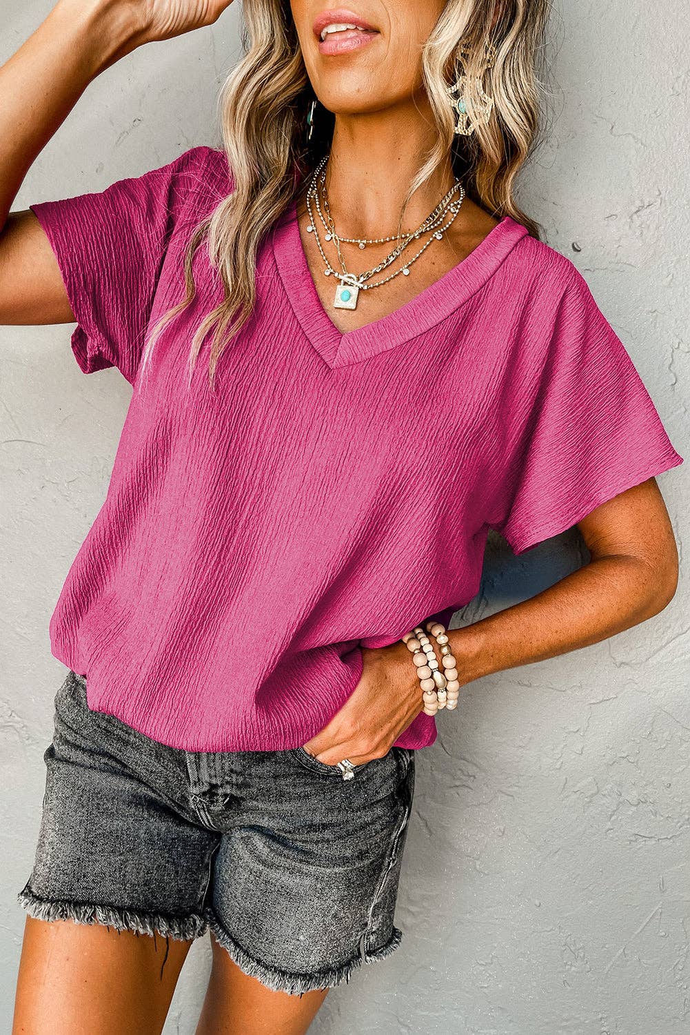 Crinkled V Neck Wide Sleeve T-shirt