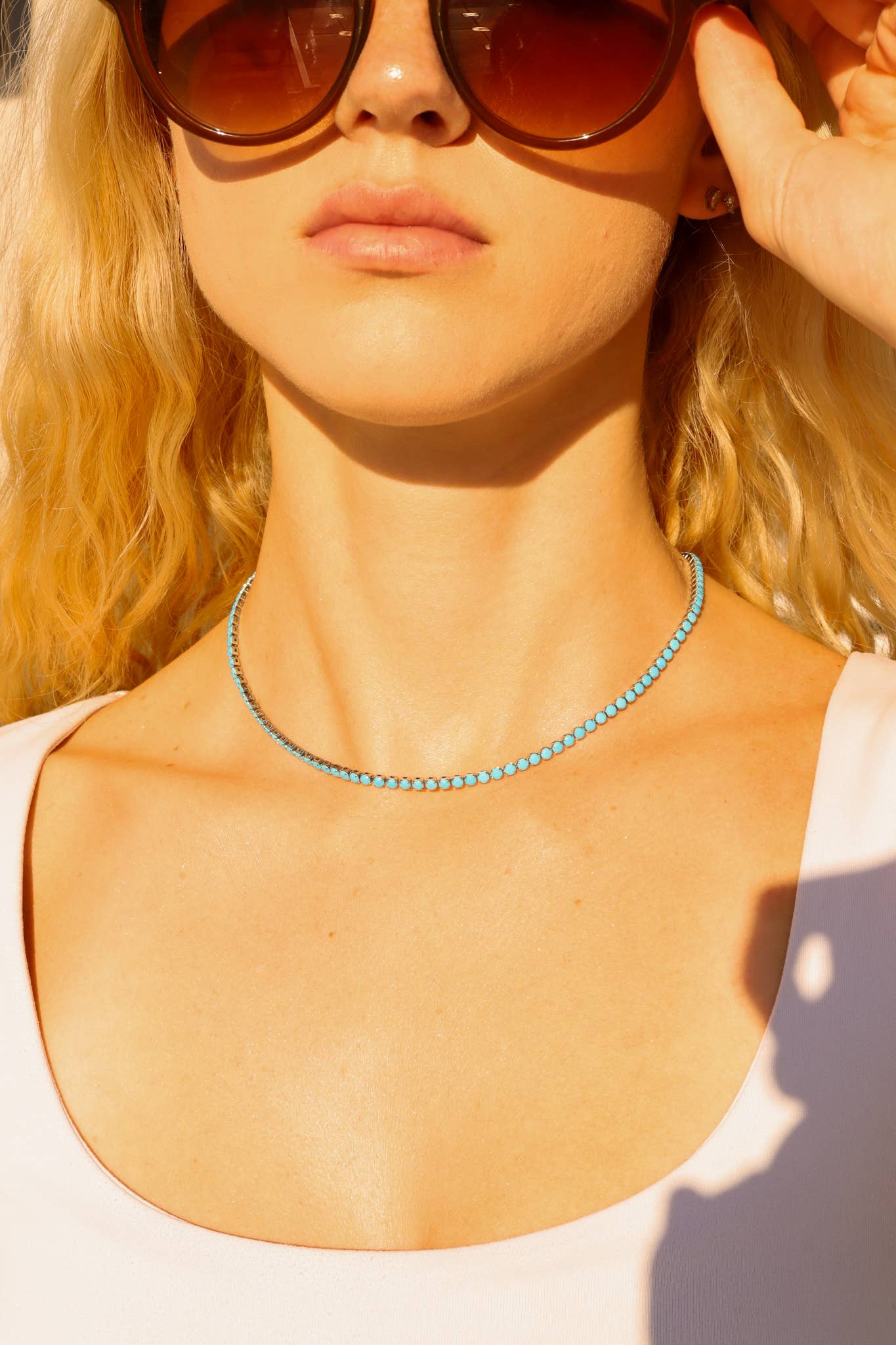 Stainless Steel Turquoise Rhinestone Tennis Chain Necklace