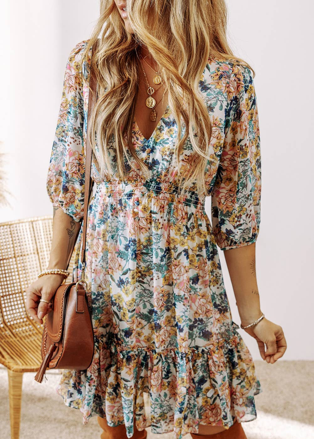 Floral V Neck Ruffled Dress