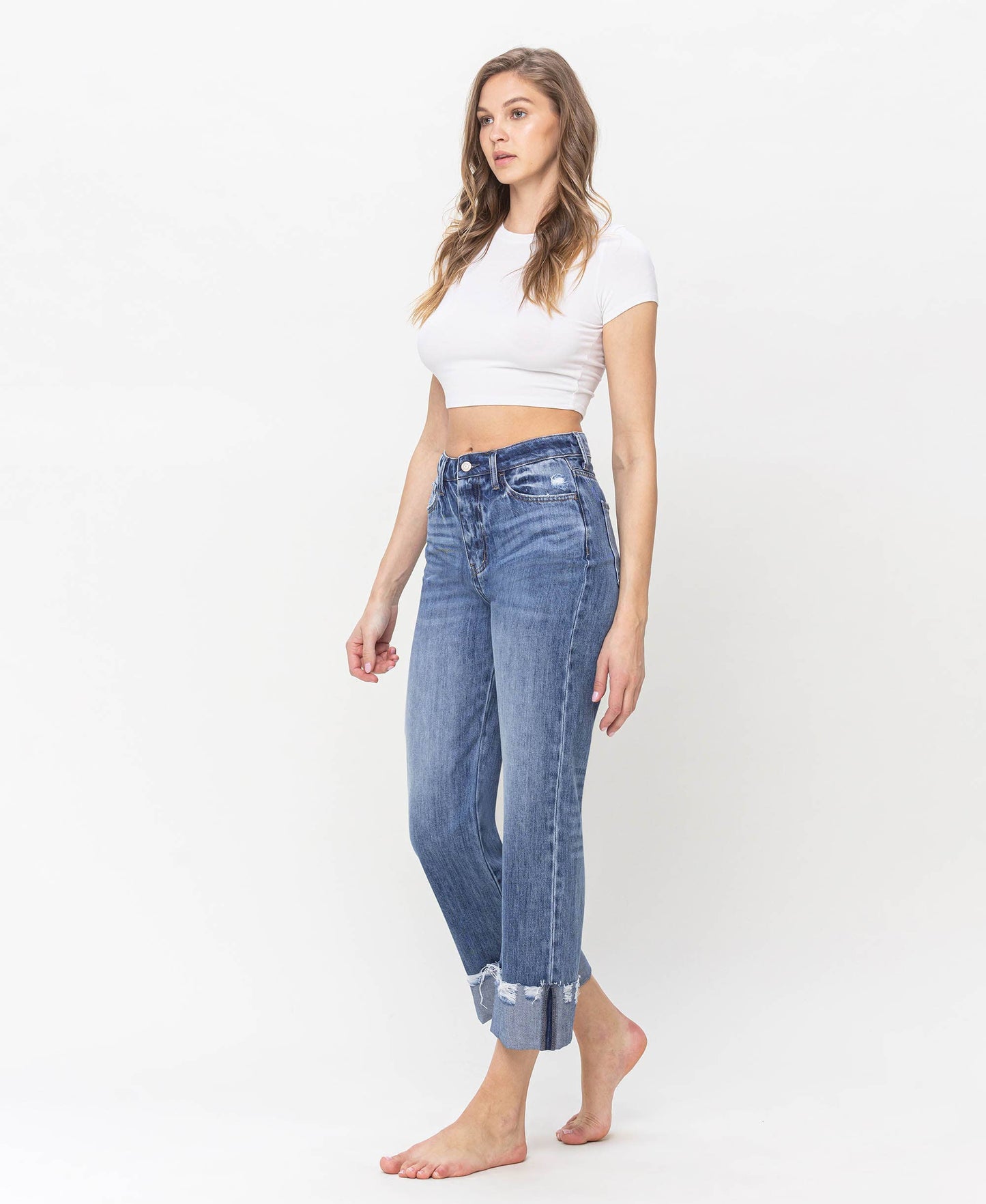 HIGH RISE RIGID DAD JEANS WITH EDGE GRINDING