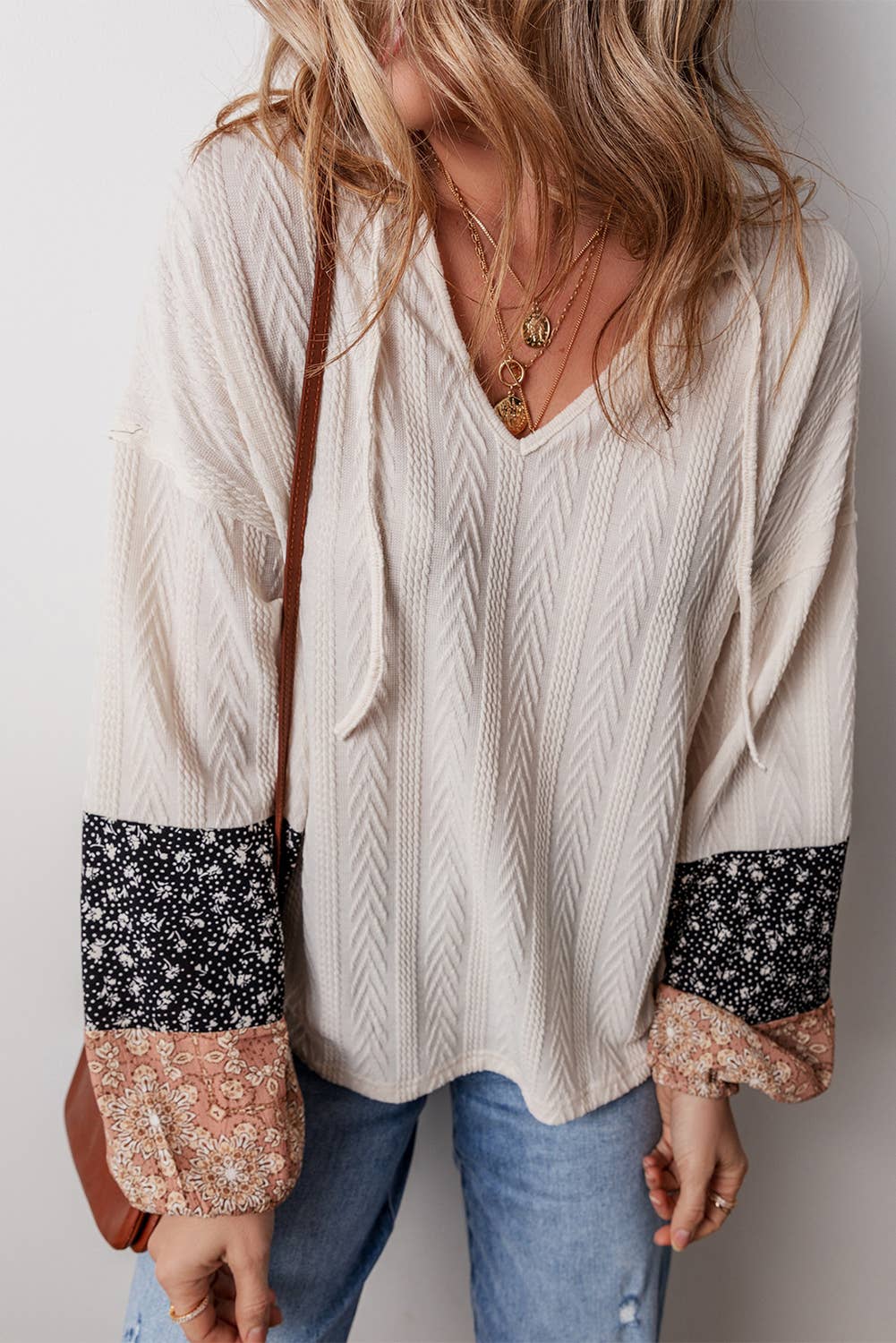 Floral Patchwork Knit Blouse: Beige