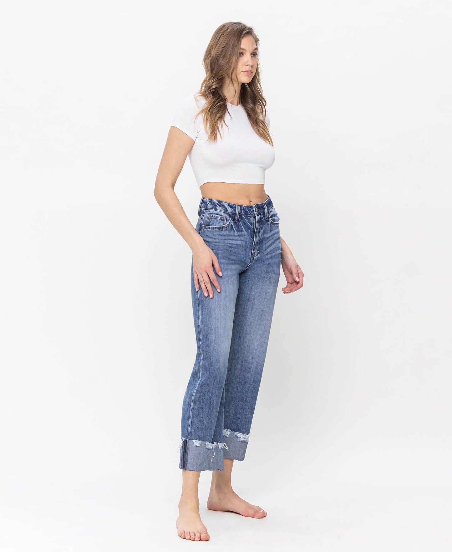 HIGH RISE RIGID DAD JEANS WITH EDGE GRINDING