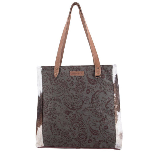 Canvas Leather & Cowhide Paisley Print Women's Tote Bag