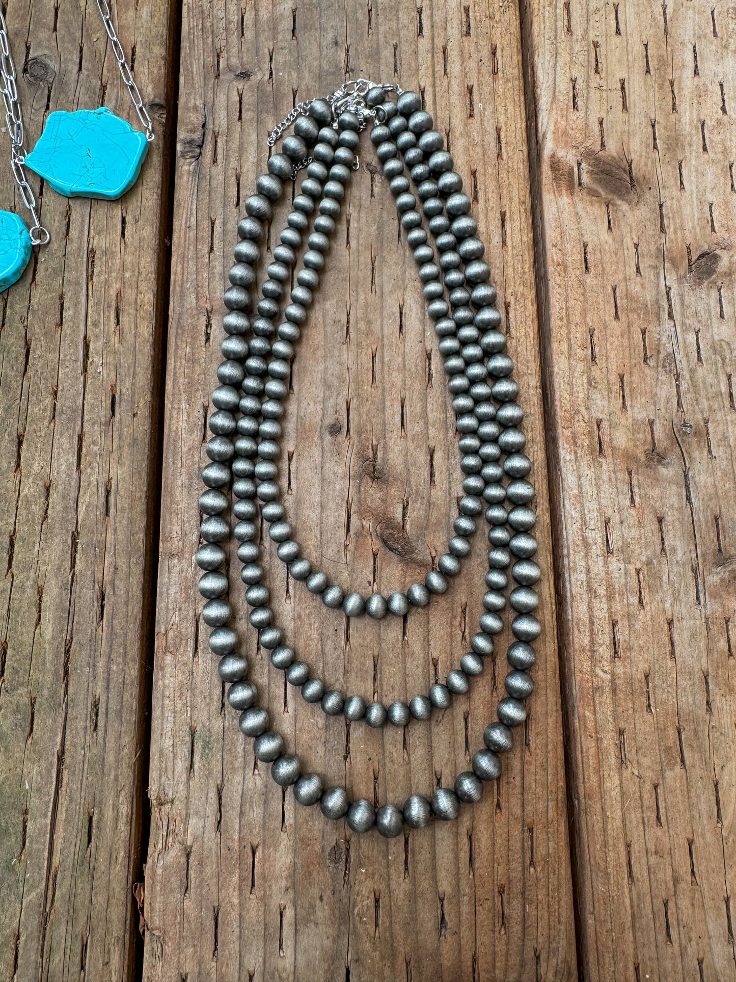 Faux Silver Beaded Navajo Pearl Strand Stackable Necklace