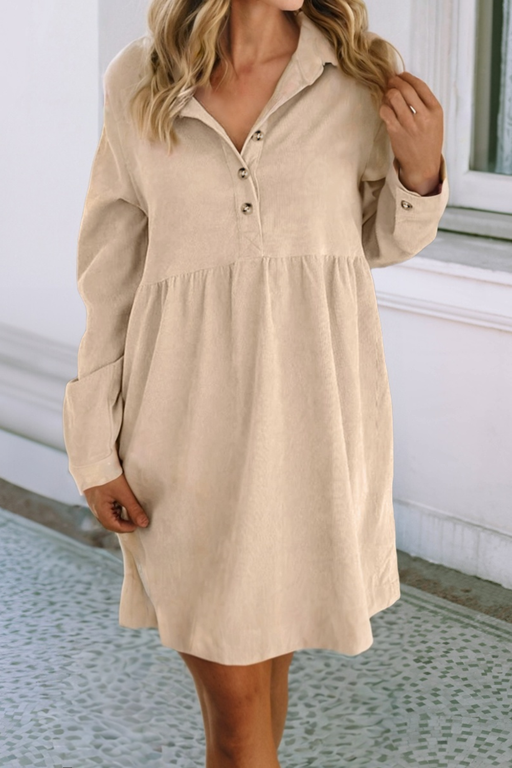 LDC Corduroy Half Button Collared Long Sleeve Mini Dress