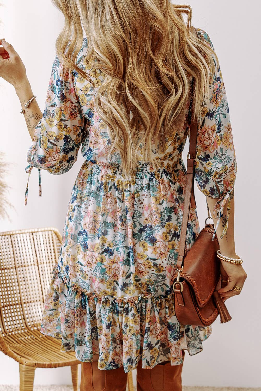 Floral V Neck Ruffled Dress