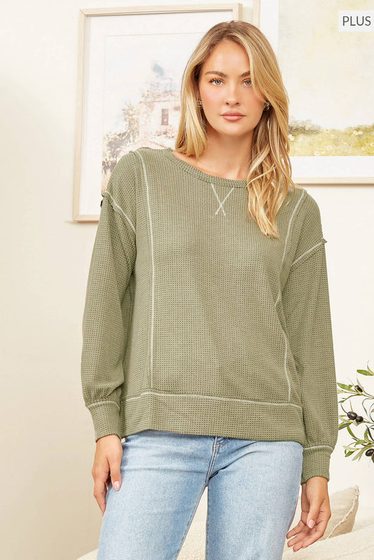 Round Neck Tunic Top X Stitch Detail: OLIVE