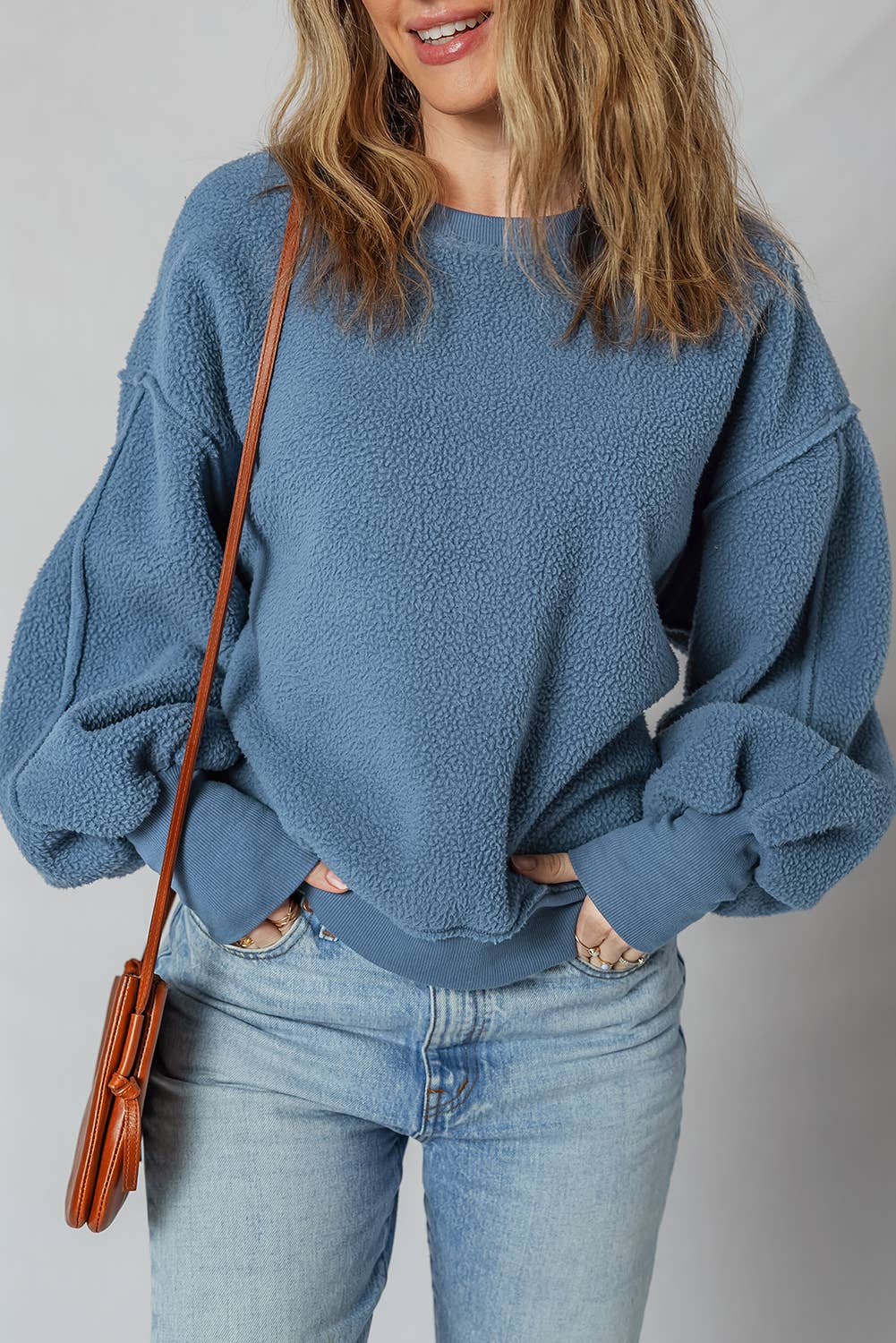 LDC Fleece Drop Shoulder Exposed Seam Patchwork Sweatshirt