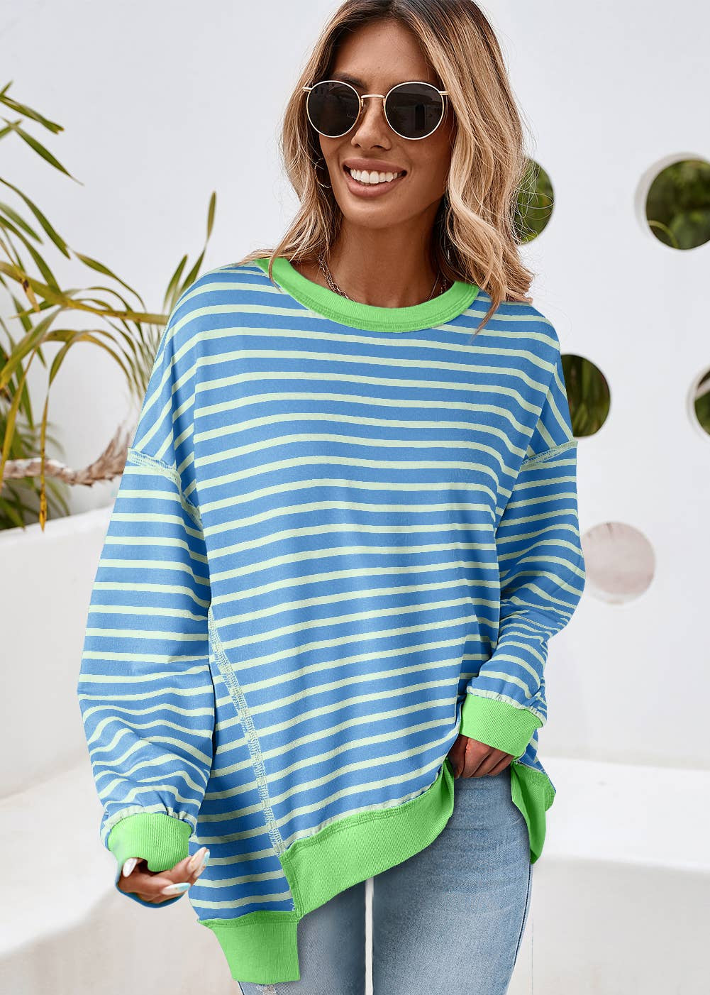 LDC Stripe Contrast Trim High Low Pullover Tunic Sweatshirt
