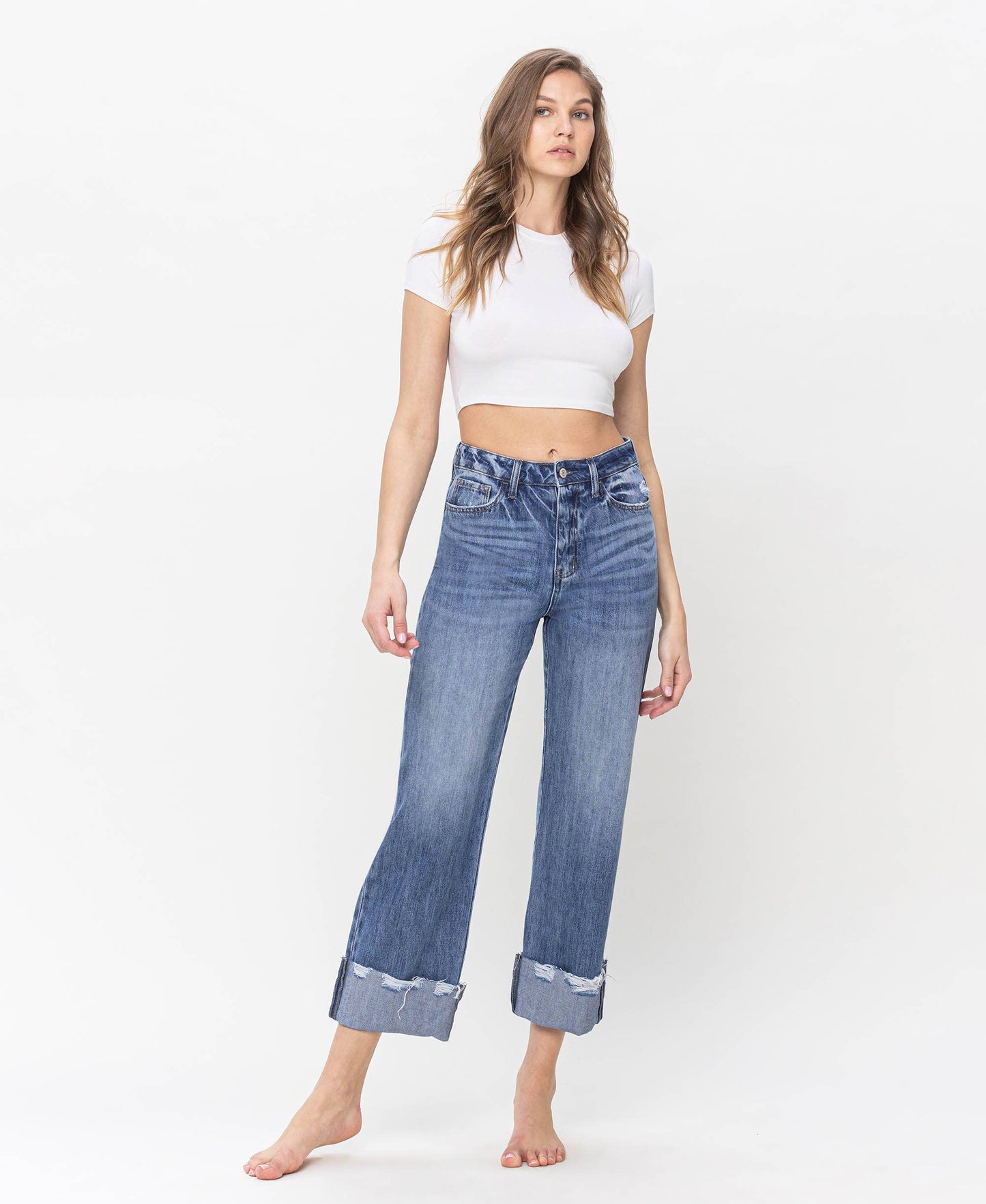 HIGH RISE RIGID DAD JEANS WITH EDGE GRINDING