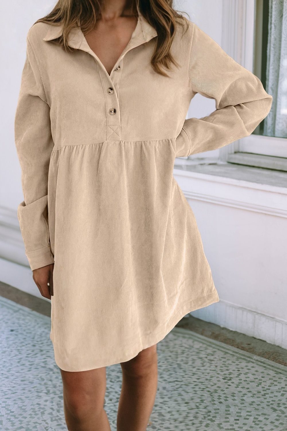 LDC Corduroy Half Button Collared Long Sleeve Mini Dress