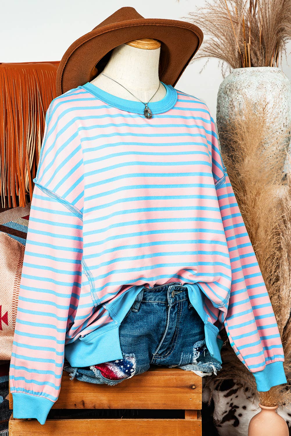 Fashion-W Stripe Trim High Low Pullover Tunic Sweatshirt