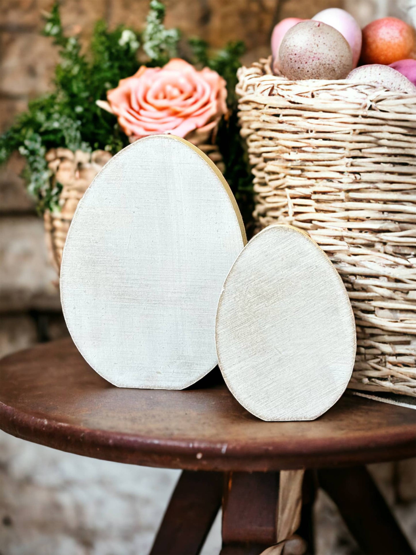 Primitive Rustic Wood Easter Egg Shelf Sitter: Pink Dots on white