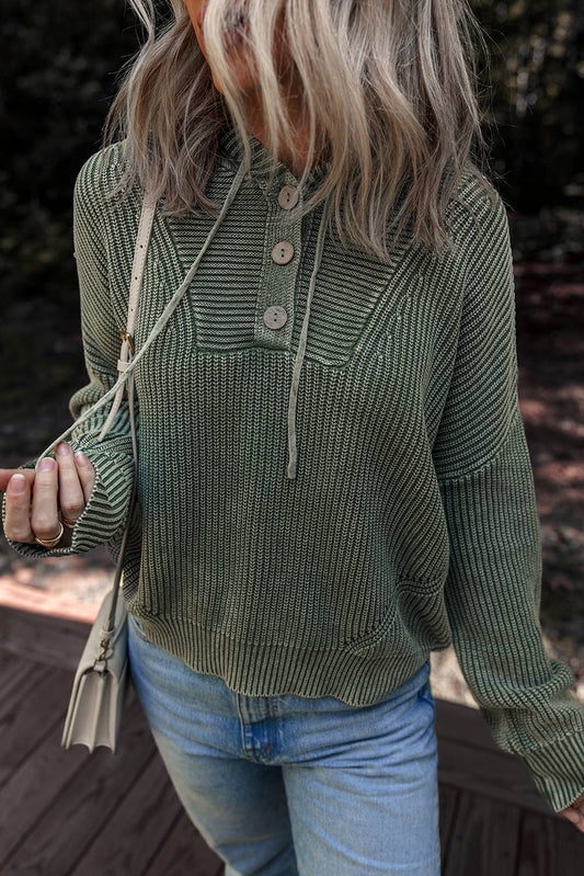 LDC Mineral Wash Ribbed Knit Button Hooded Sweater