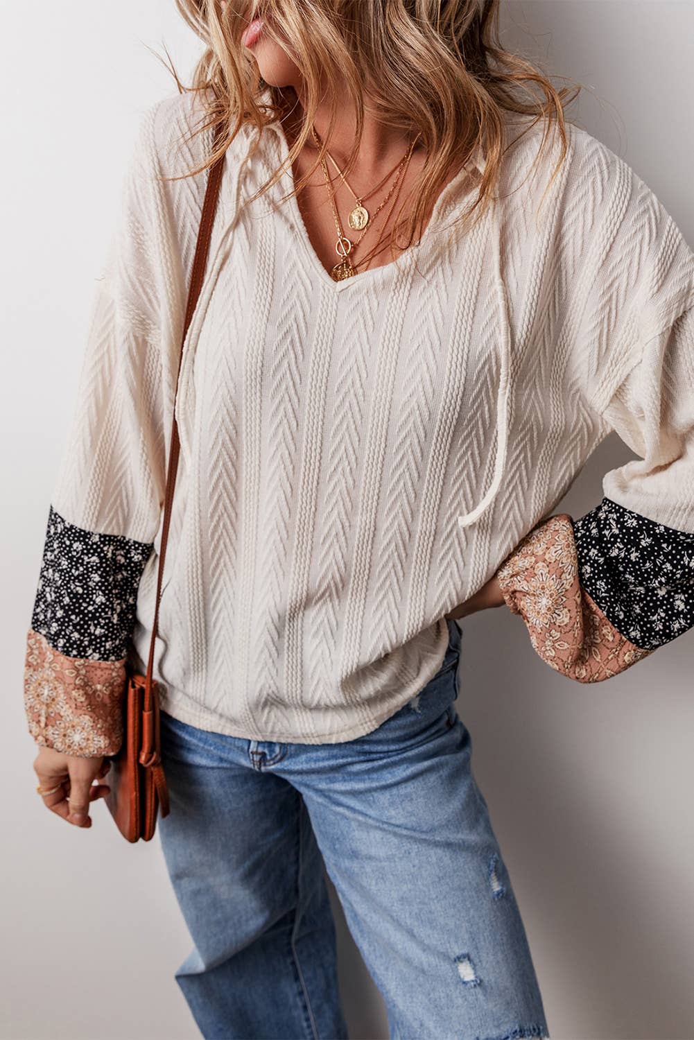 Floral Patchwork Knit Blouse: Beige