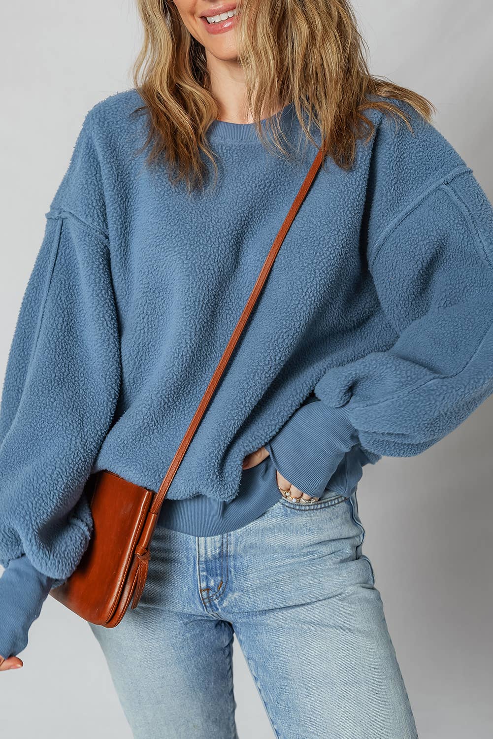 LDC Fleece Drop Shoulder Exposed Seam Patchwork Sweatshirt