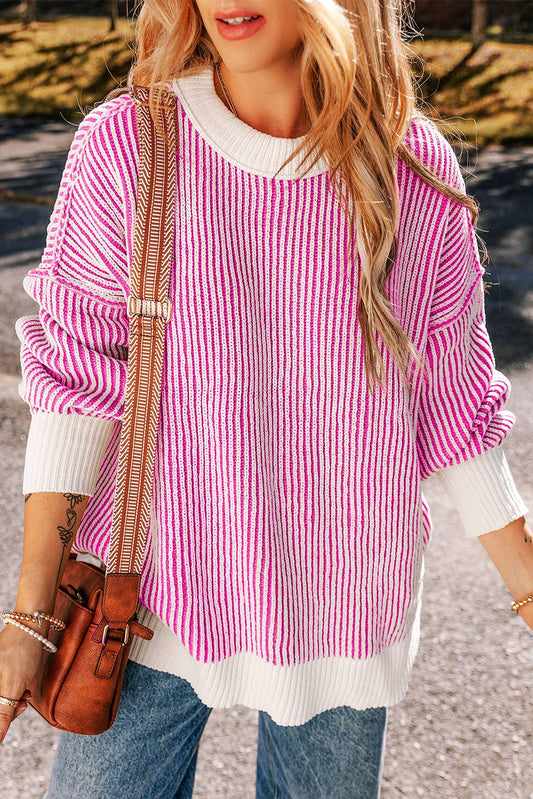 Striped Contrast Trim Sweater: Bright Pink