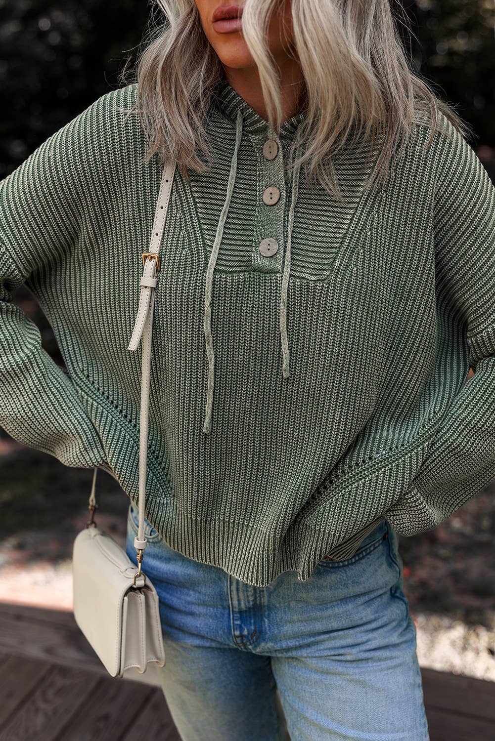 LDC Mineral Wash Ribbed Knit Button Hooded Sweater